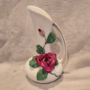 Vintage‎ Lefton China 423 Hand Painted Porcelain Rose Pitcher Vase Gold Trim